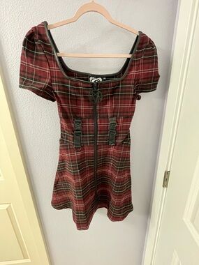 Killstar Burgundy Plaid Square-Neck Mini Dress